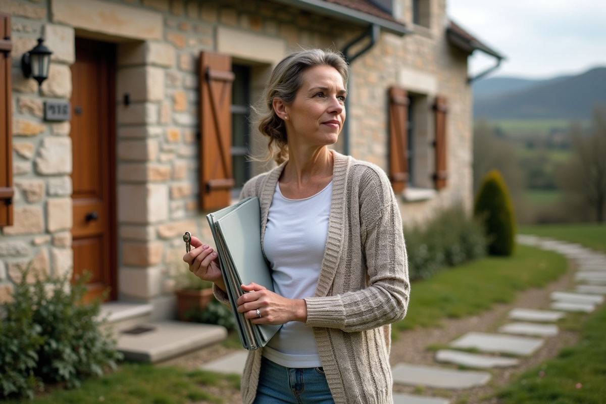Femme avec clés et dossier devant maison de campagne