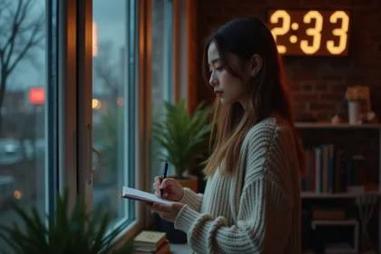 Jeune femme contemplative dans un appartement cosy la nuit
