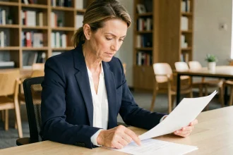 Femme professionnelle relisant un document écrit pour vérifier l'orthographe correcte d'un verbe en français