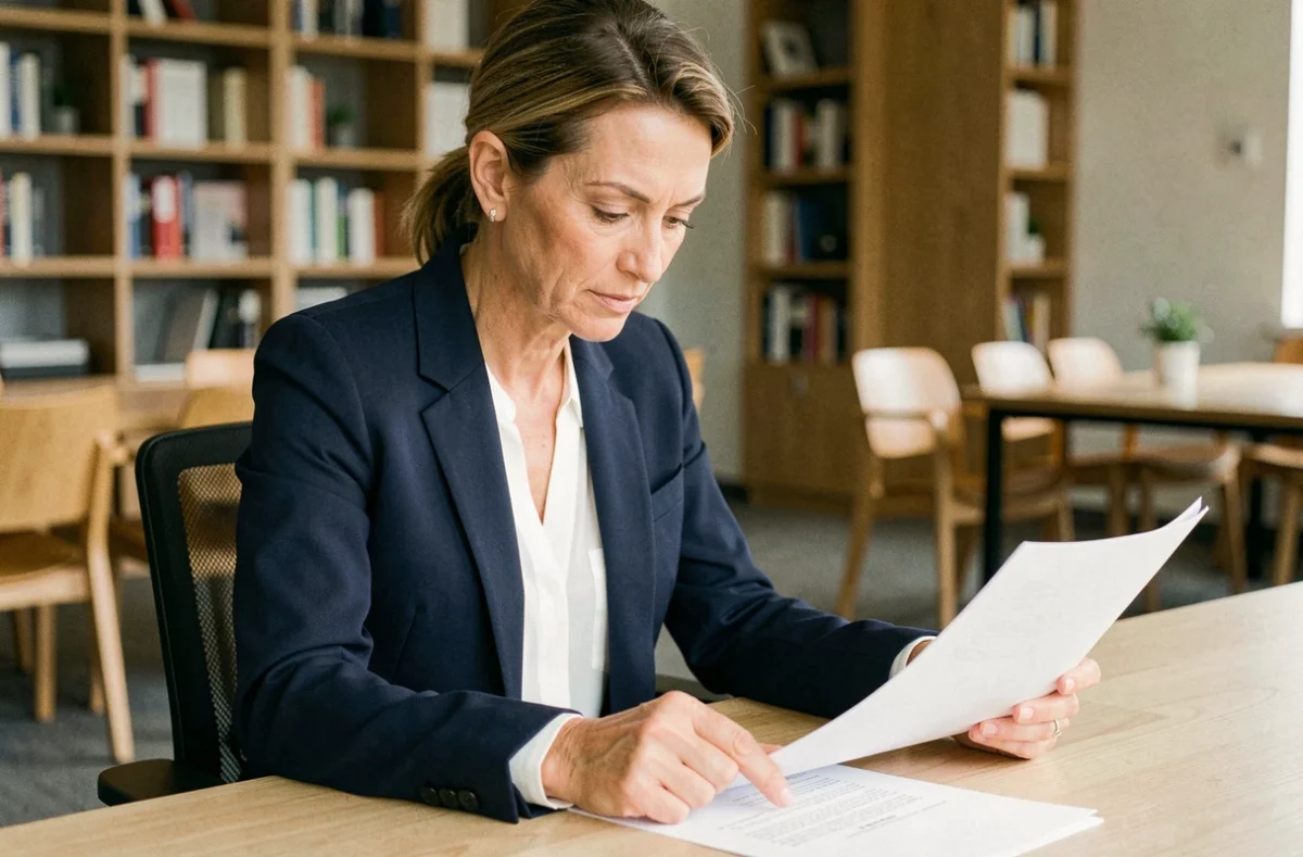 Femme professionnelle relisant un document écrit pour vérifier l'orthographe correcte d'un verbe en français