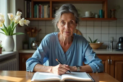 Femme méditative lisant un livre de prières dans la cuisine