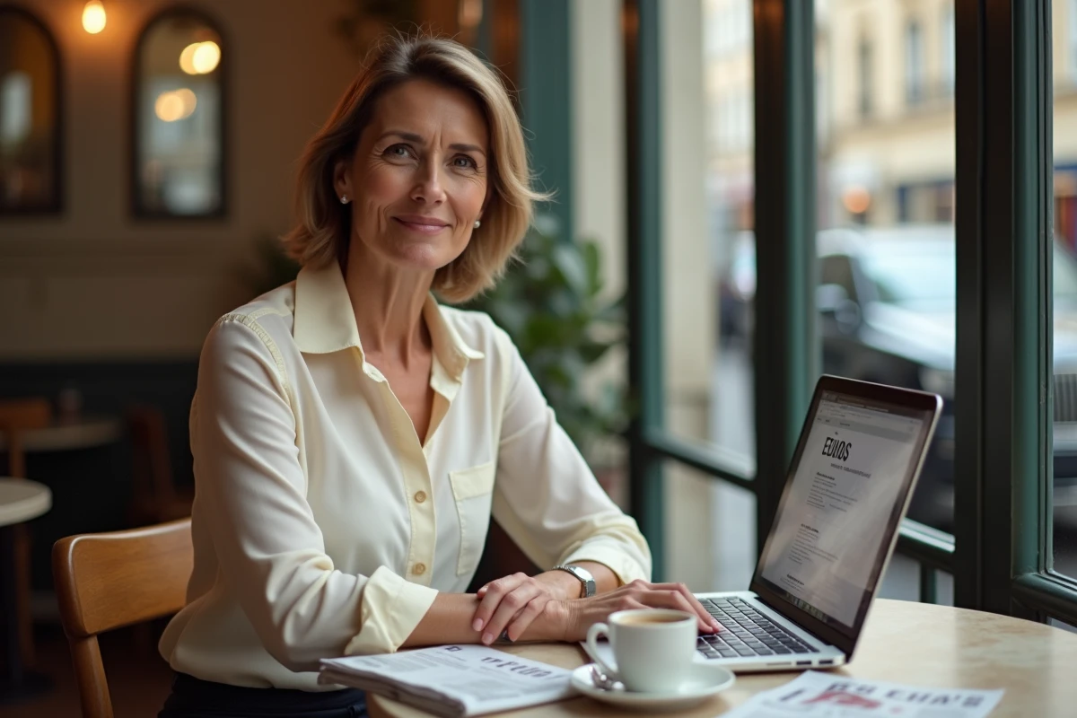 Femme passionnée d'économie lisant un article sur son ordinateur portable dans un café parisien avec le journal Les Echos