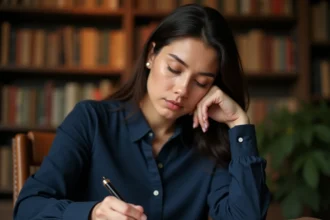 Femme concentrée écrivant à la main avec un stylo plume dans un bureau entouré de dictionnaires de français