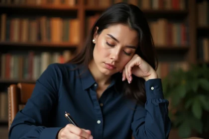 Femme concentrée écrivant à la main avec un stylo plume dans un bureau entouré de dictionnaires de français