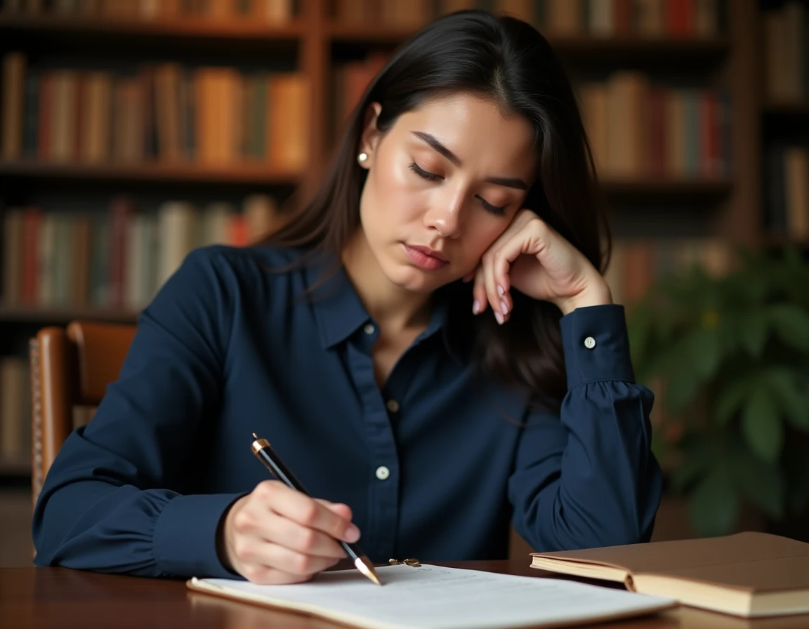 Femme concentrée écrivant à la main avec un stylo plume dans un bureau entouré de dictionnaires de français