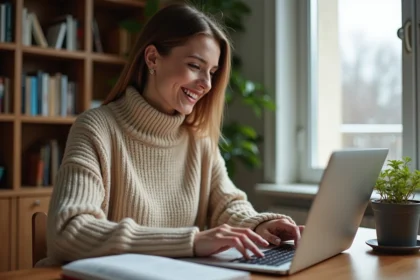 Femme souriante écrivant un poème de Nouvel An à son bureau