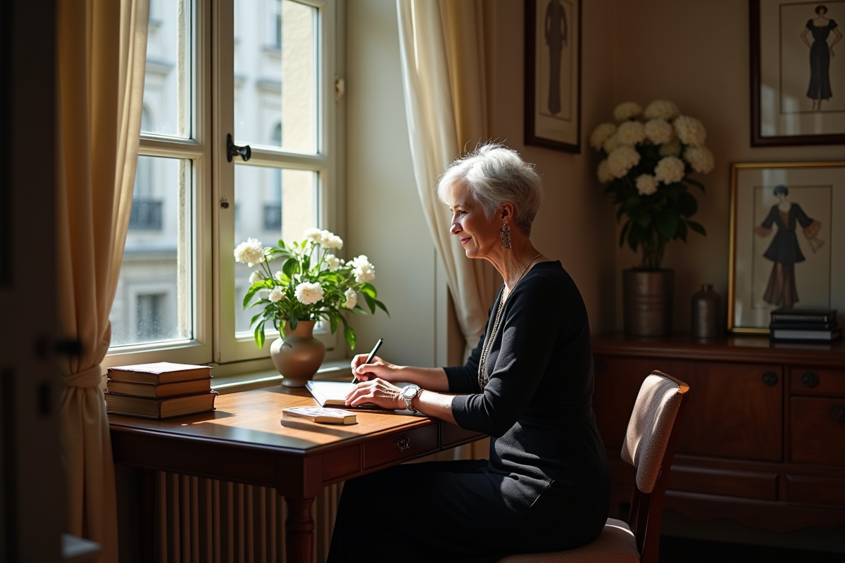 Femme mature écrivant dans un appartement parisien vintage