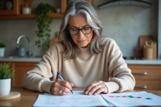 Femme d'âge moyen examinant des documents financiers à la maison