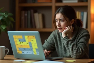 Jeune femme frustrée devant un jeu de mots Wordle sur ordinateur portable, illustrant les erreurs fréquentes au jeu