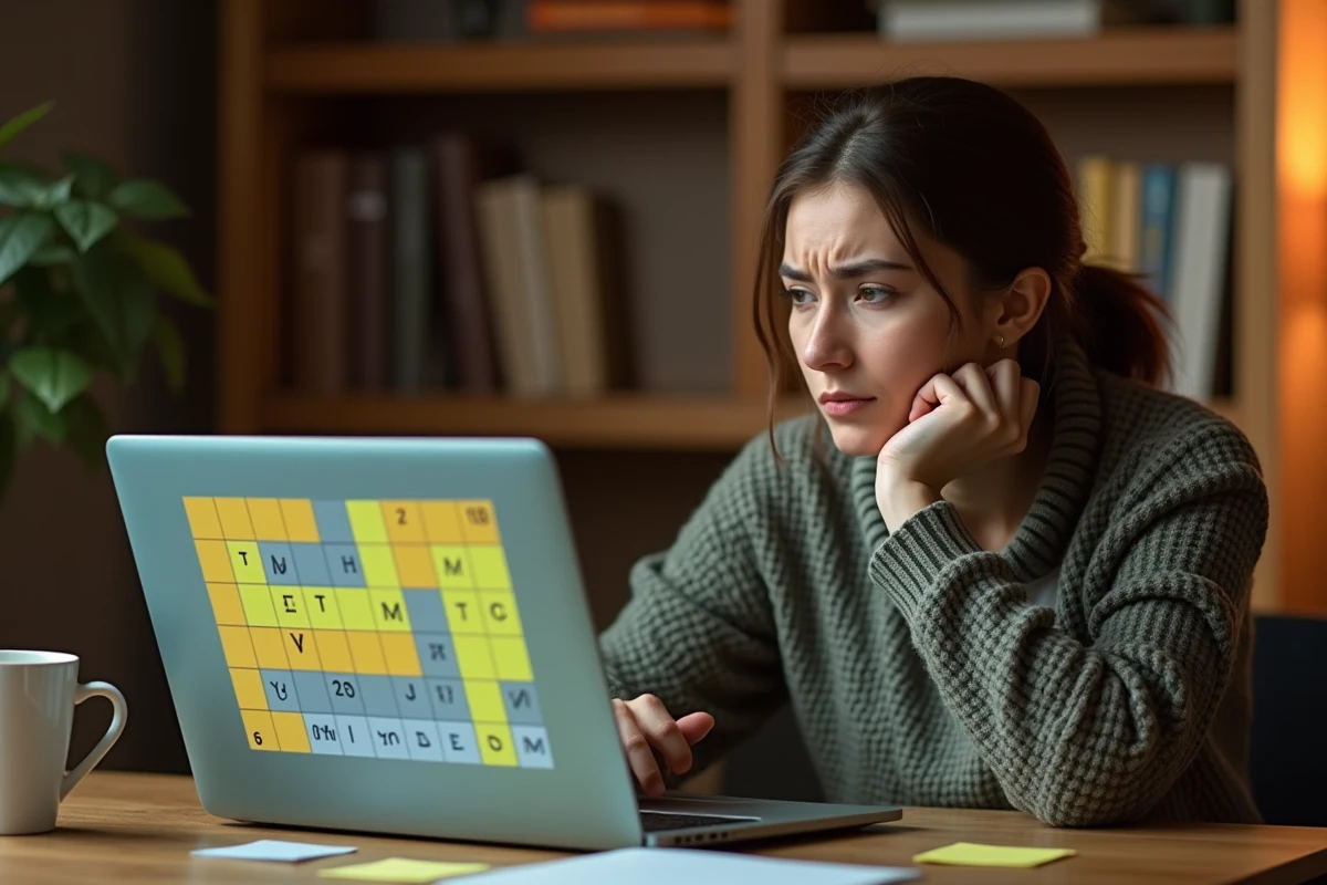 Jeune femme frustrée devant un jeu de mots Wordle sur ordinateur portable, illustrant les erreurs fréquentes au jeu