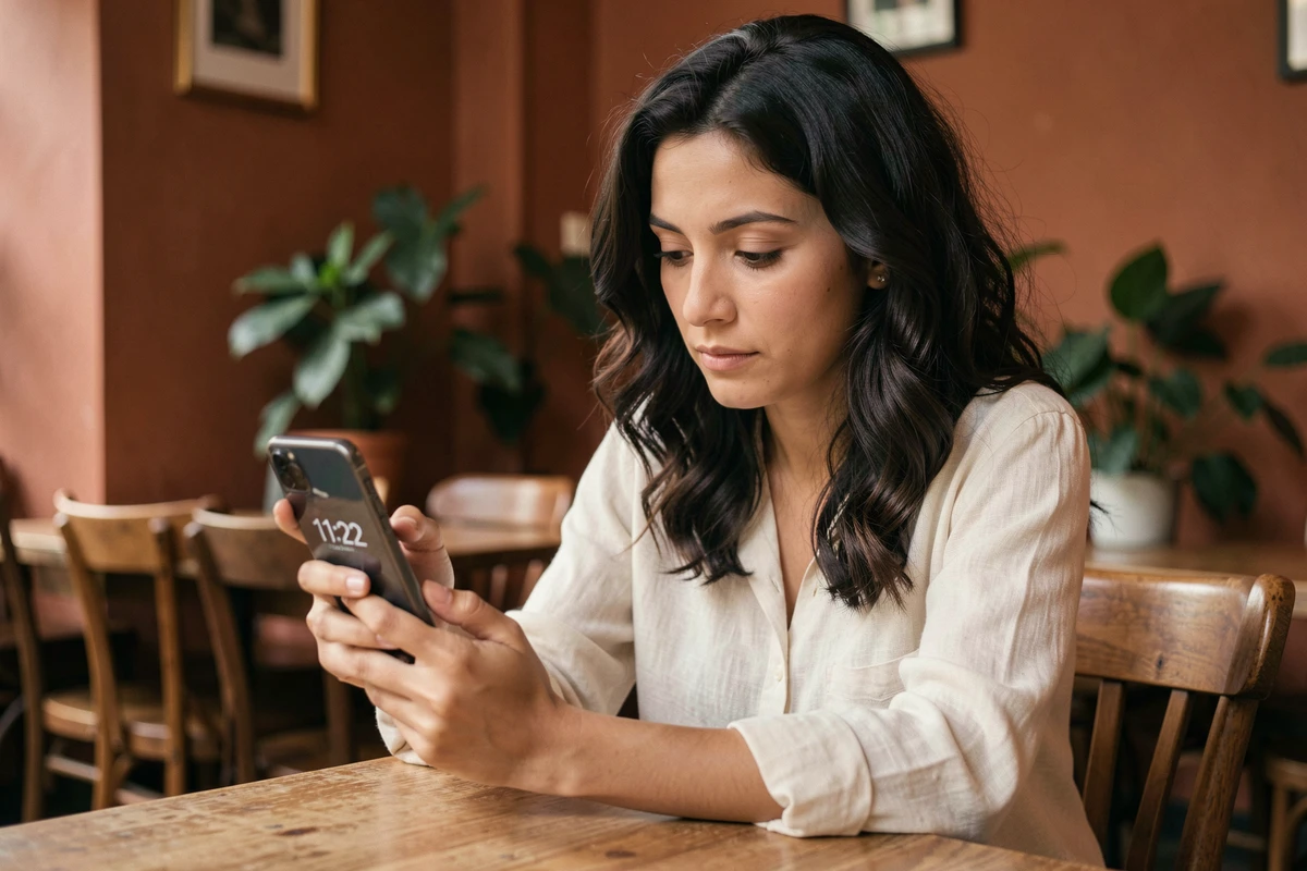 Femme regardant l'heure 11h22 sur son smartphone dans un café, expression intriguée évoquant la synchronicité et les anges gardiens