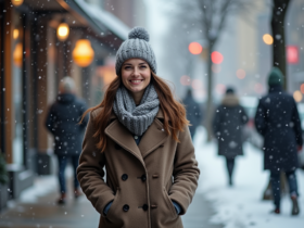 Jeune femme souriante en hiver dans la ville enneigée