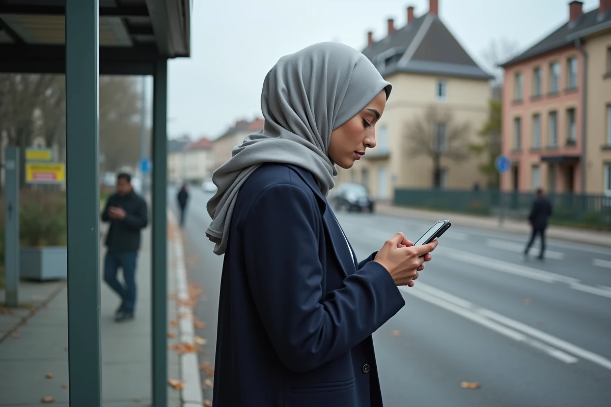 Jeune femme musulmane consultant les horaires de prière sur smartphone en ville