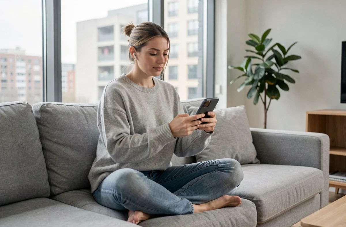 Jeune femme jouant à un jeu mobile sur son canapé à la recherche d'alternatives à un club de jeu fermé