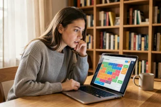 Jeune femme concentrée devant un écran d'ordinateur jouant à un jeu de mots type Pédantix pour progresser