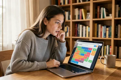 Jeune femme concentrée devant un écran d'ordinateur jouant à un jeu de mots type Pédantix pour progresser