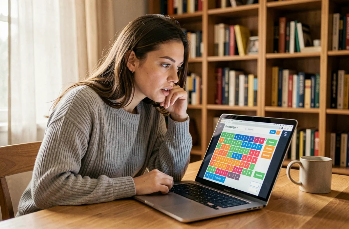 Jeune femme concentrée devant un écran d'ordinateur jouant à un jeu de mots type Pédantix pour progresser