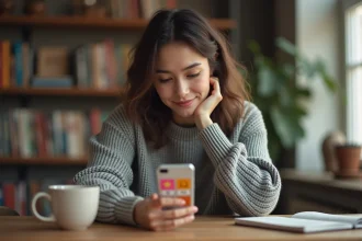 Jeune femme jouant à 4 images 1 mot sur son téléphone portable dans un bureau cosy en 2026