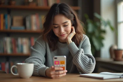 Jeune femme jouant à 4 images 1 mot sur son téléphone portable dans un bureau cosy en 2026