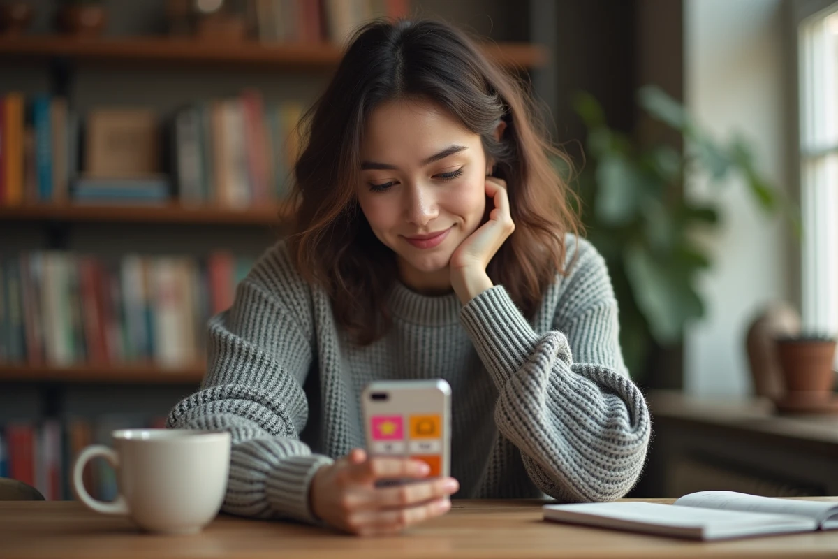 Jeune femme jouant à 4 images 1 mot sur son téléphone portable dans un bureau cosy en 2026
