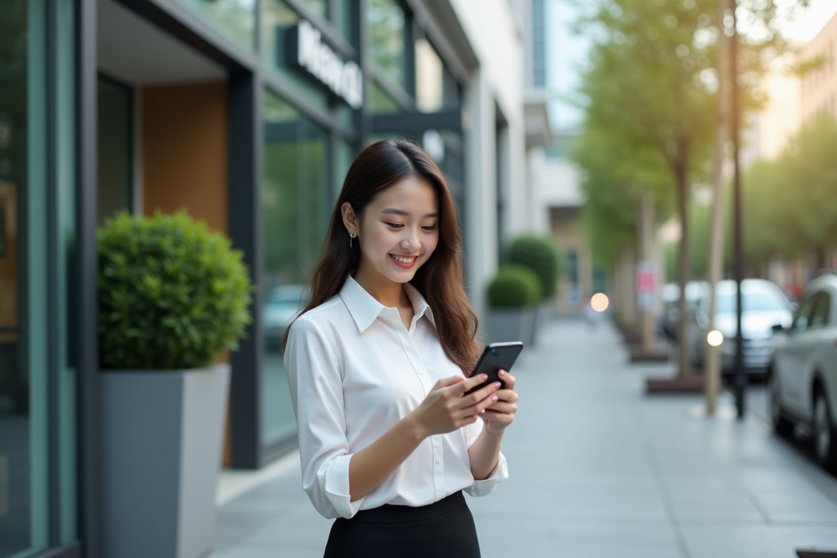 Jeune femme souriante vérifiant les taux hypothécaires