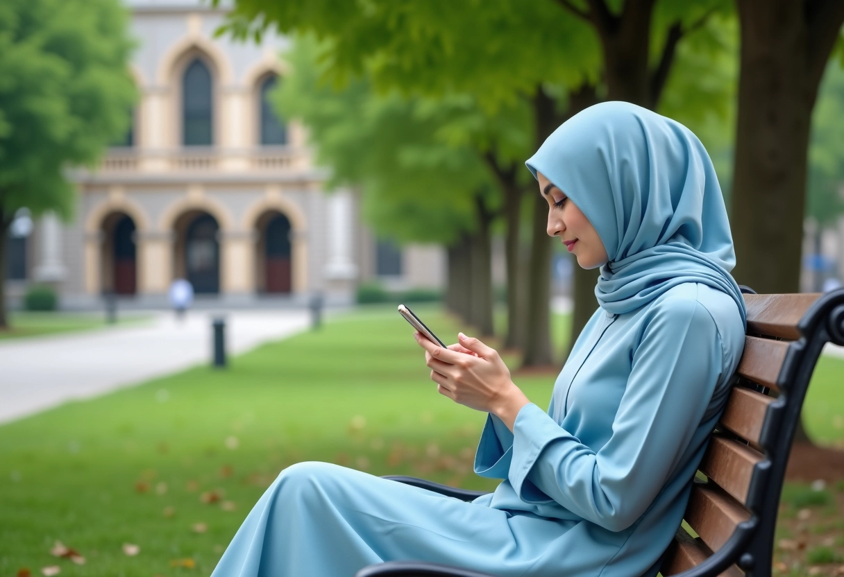 Jeune femme musulmane vérifie une application de prières dans un parc