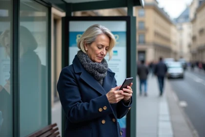 Femme d'âge moyen à Paris vérifiant le bus 323 avec son smartphone