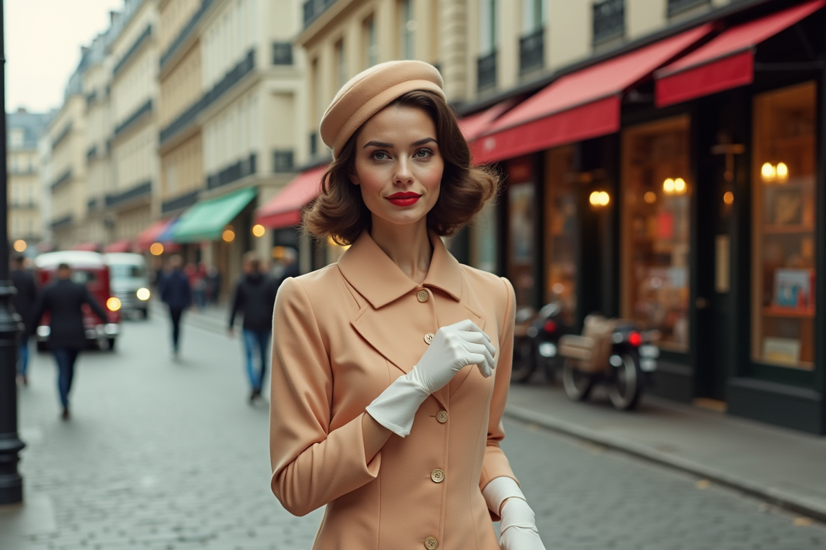 Jeune femme élégante dans une robe des années 60 à Paris