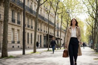 femme parisienne élégante portant un trench chic dans la rue