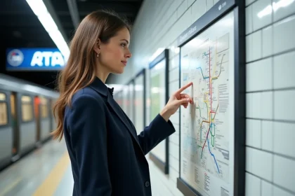 Femme consultant le plan de la ligne 14 du métro parisien prolongée sur le quai d'une station moderne