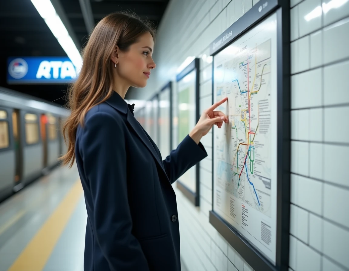 Femme consultant le plan de la ligne 14 du métro parisien prolongée sur le quai d'une station moderne