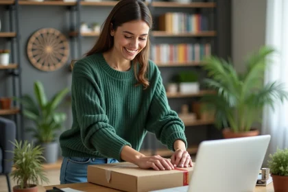 Femme souriante préparant un colis dans un intérieur organisé