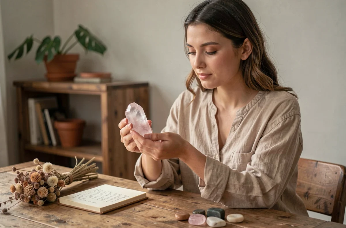 Femme tenant une pierre de quartz rose dans les mains pour attirer l'amour et l'énergie positive