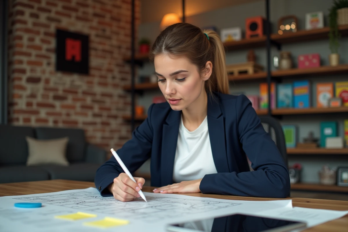 Femme cherchant la bonne solution de room et exit sur une tablette dans un bureau à domicile
