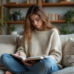 Jeune femme assise sur un canapé en pleine réflexion