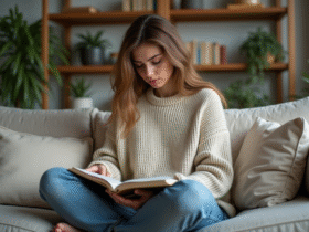 Jeune femme assise sur un canapé en pleine réflexion