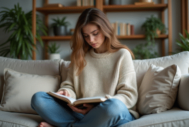 Jeune femme assise sur un canapé en pleine réflexion