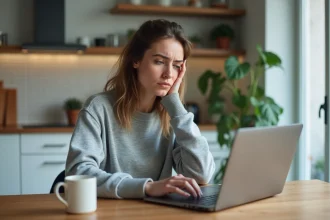 Femme consultant son relevé bancaire sur un ordinateur portable après un prélèvement inattendu Amazon Prime