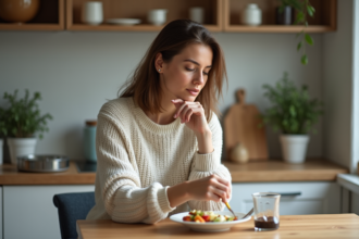 Femme en repas dans une cuisine moderne et chaleureuse