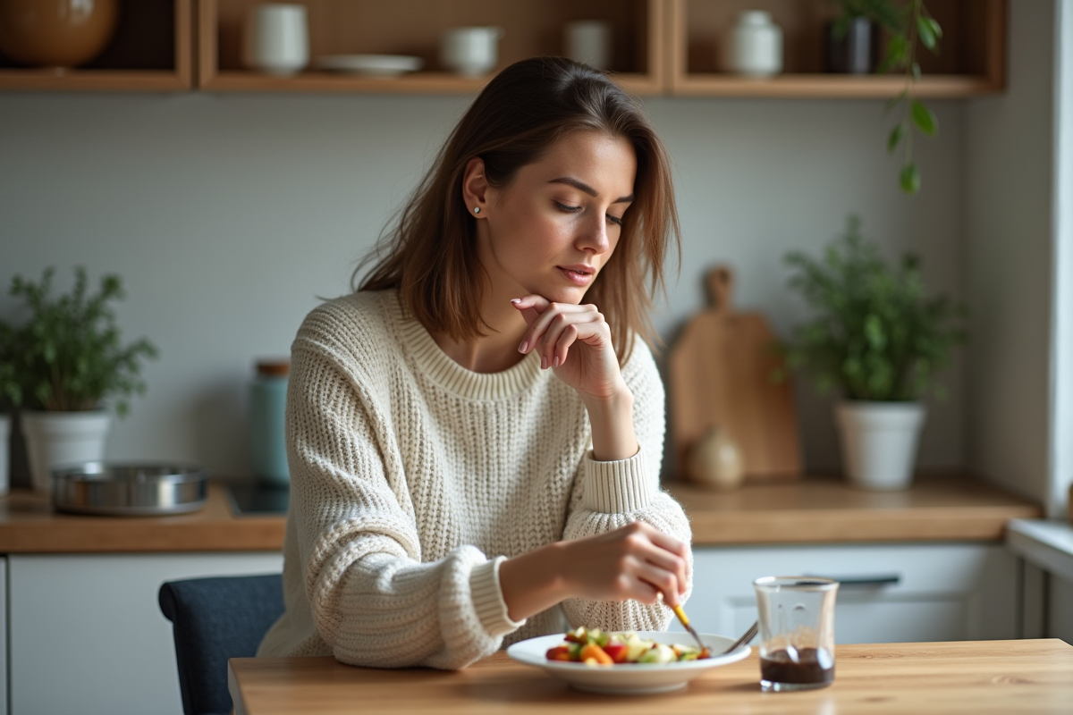 Femme en repas dans une cuisine moderne et chaleureuse