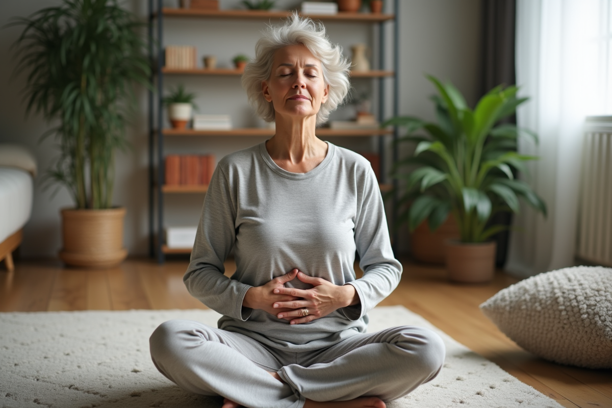 Femme méditant chez elle en respirant profondément
