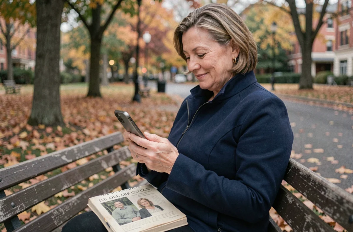 Femme quinquagénaire cherchant un ancien amour de jeunesse via une application de retrouvailles dans un parc en automne