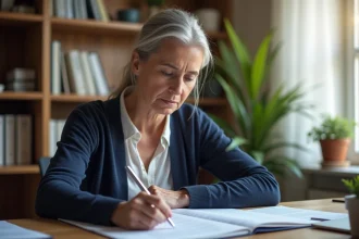 Femme senior examinant des documents administratifs liés à la désinscription France Travail avant la retraite