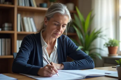 Femme senior examinant des documents administratifs liés à la désinscription France Travail avant la retraite
