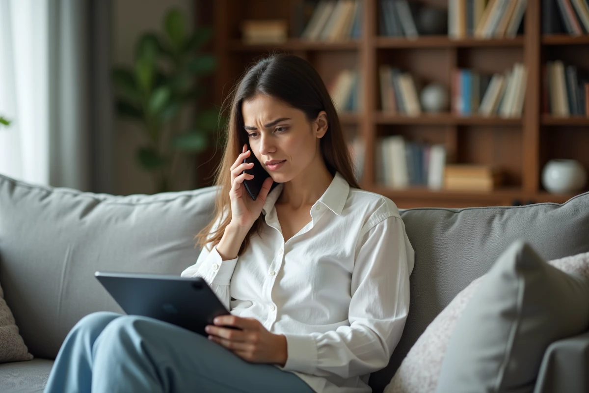 Jeune femme contactant le service client Amazon pour contester un prélèvement Prime surprise