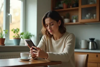 Femme seule dans sa cuisine regardant son téléphone avec une expression préoccupée et méfiante