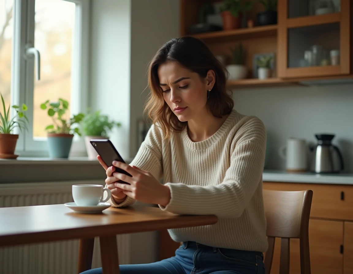 Femme seule dans sa cuisine regardant son téléphone avec une expression préoccupée et méfiante