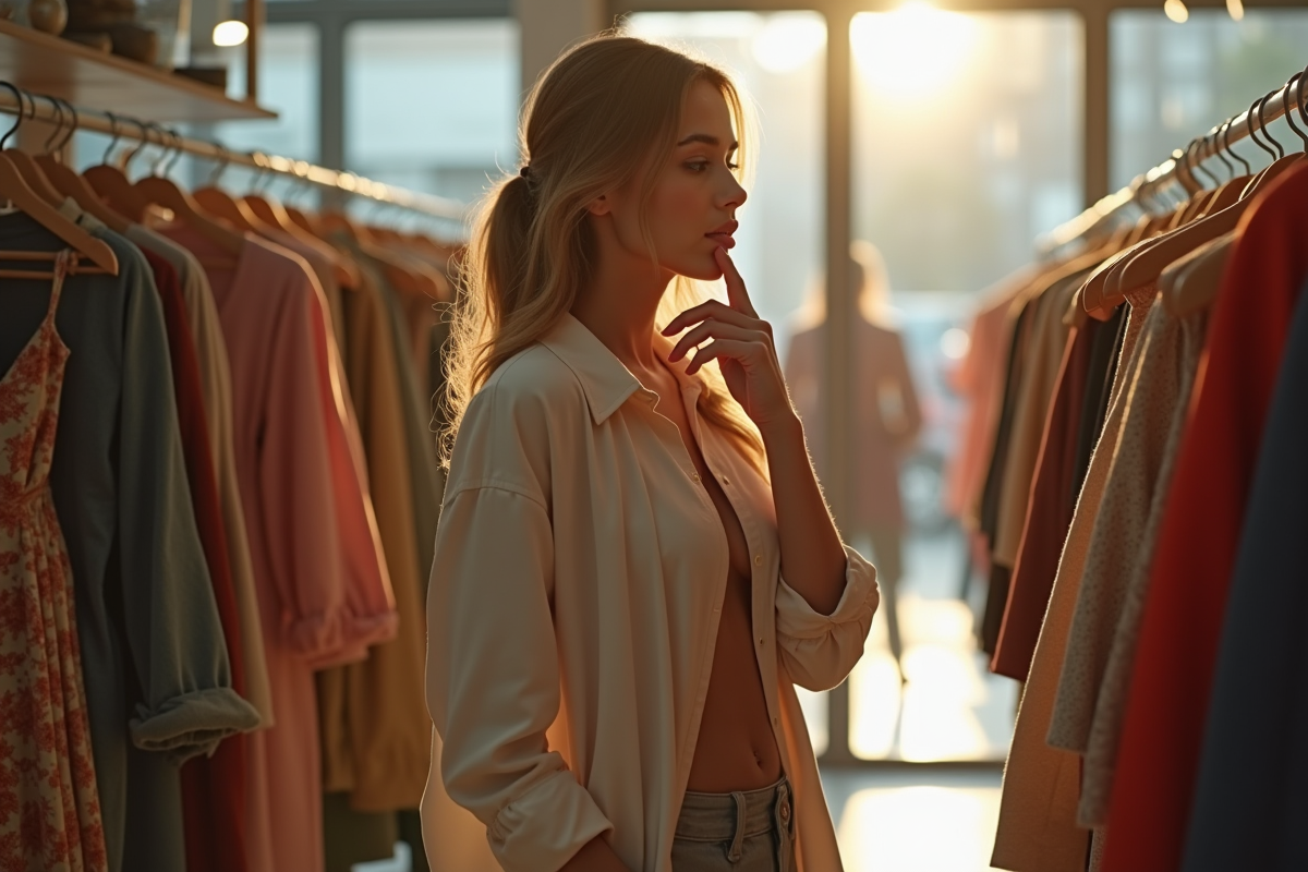 Jeune femme élégante choisissant des vêtements dans une boutique moderne