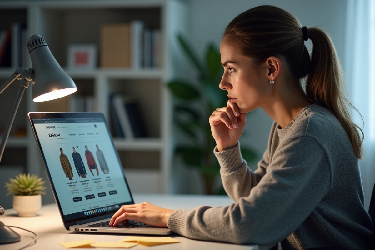 Femme inquiète examinant un site e-commerce douteux sur son ordinateur portable