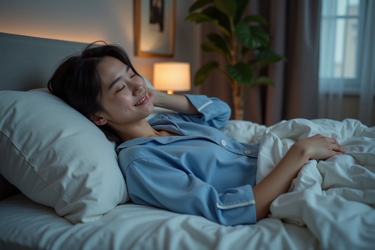 Jeune femme souriante endormie dans son lit moderne